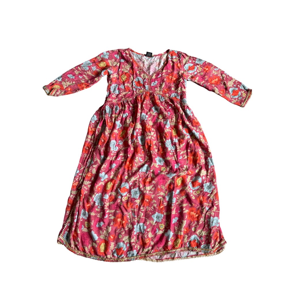 AARI Womens Floral V-Neck Midi Dress Boho Pink Orange Gold Trim Long Sleeve